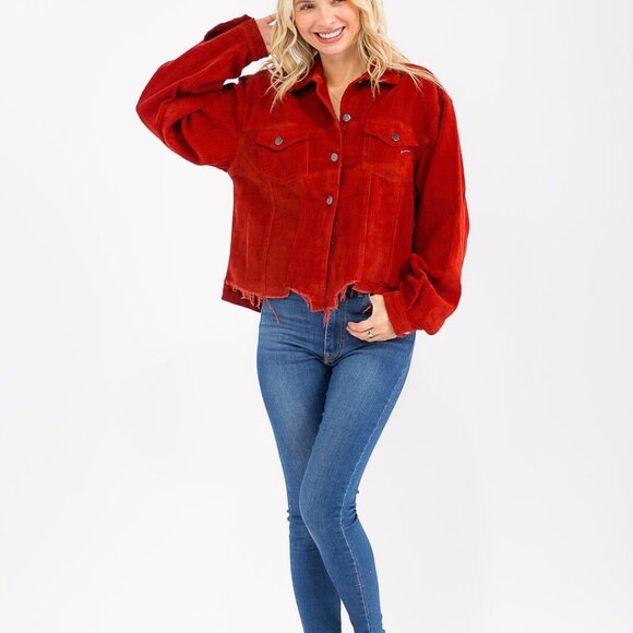 POL Long Sleeve Corduroy Button Down Fringe Shacket Rust  New - Picture 3 of 12